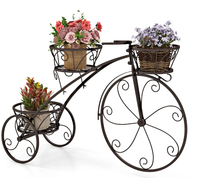 0015706453777 - Coast Dreirädriger Pflanzenständer 85x25x50 cm - 3-lagiger Blumenständer aus Metall in Bronze - für drinnen und draußen