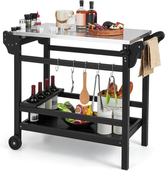 0015706481923 - HDPE Grillwagen Grilltisch mit Kräuterablage Weinflaschenhalter Griff & 2 Räder Edelstahl-Arbeitsplatte Outdoor Servierwagen wetterfester Beistelltisch für Garten Terrasse