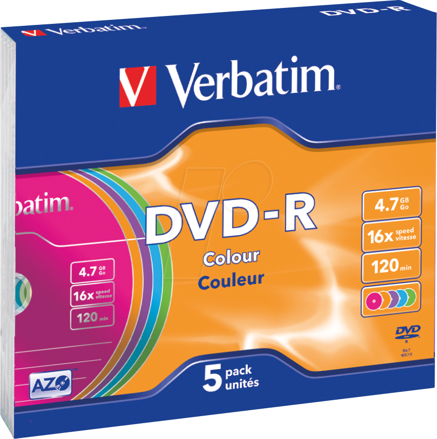 0023942435570 - 7GB Colour 16x Speed 1x5 Verbatim DVD-R 47GB Colour 16x Speed Slim Case 43557 0023942435570