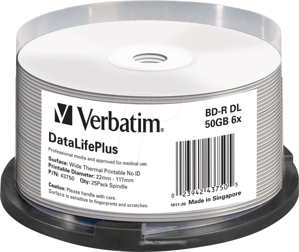 0023942437505 - VERBATIM 43750 - BD-R Thermisch bedruckbar 50 GB 6x 25er Pack Spindle