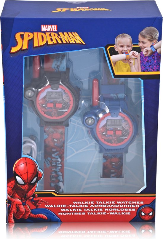 0030506601487 - Accutime - Spider-Man Walkie Talkie Armbanduhr - 2er Set - Mit Reichweite bis ca 200m - Mit integrierter LCD Uhr Taschenlampe und Spielkompass - Inklusive USB Ladekabel - Für Kinder ab 6 Jahren - Rot Blau