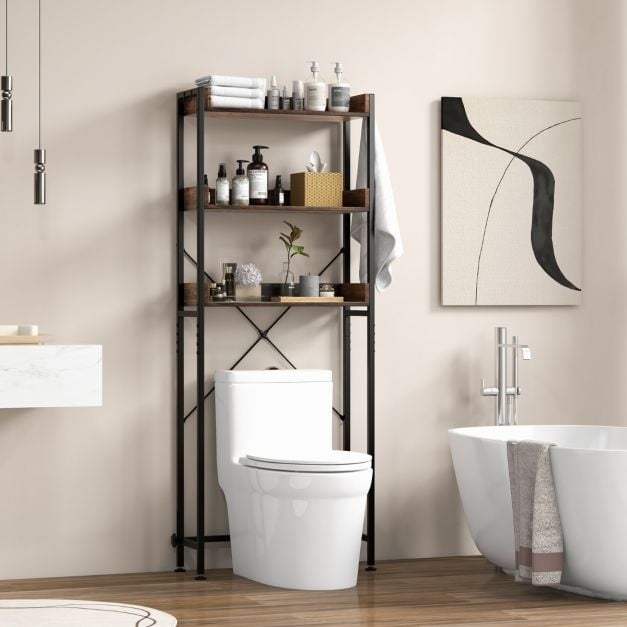 0033616041365 - 3 Level Storage Rack Above Toilet 4 Hooks Adjustable Bottom Bar Freestanding Support for Toilets Bathroom Utility Room Braun Grau Weiß