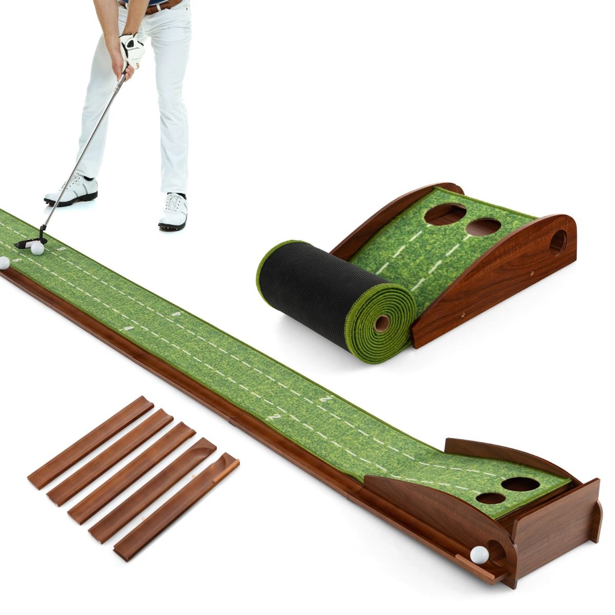 0033616043499 - Golf Übungsmatte - 2 Löcher - Inklusive 3 Golfbälle - Automatische Ballrückgabe - 302 x 32 x 15 cm