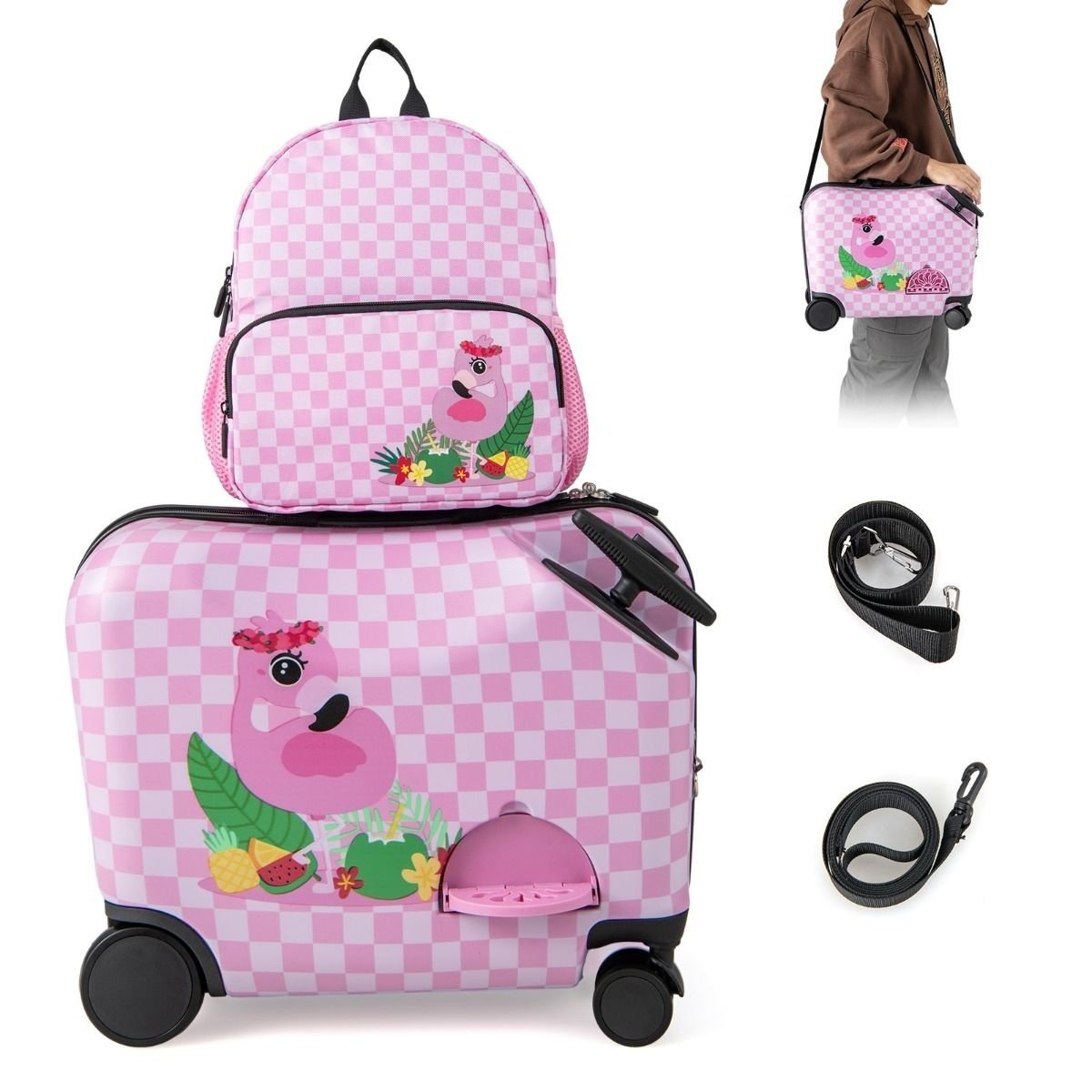 0033616064012 - Travel Set für Kinder - Koffer und Rucksack - mit Trageriemen - Flamingo