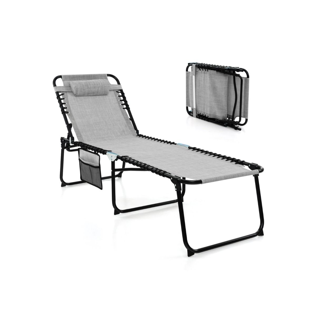 0033616104336 - Garden Lounger - Sonnenliege mit Seitentasche und Kopfstütze - klappbar - mit verstellbarer Rückenlehne - grau