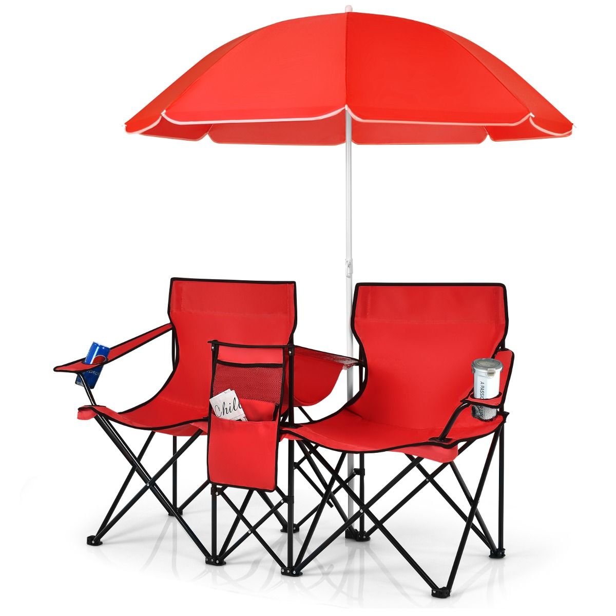 0033616104794 - Campingstuhl 2-Sitzer mit Sonnenschirm - Angelstuhl - Max 100 kg pro Stuhl - 160 x 55 x 85 cm - Rot