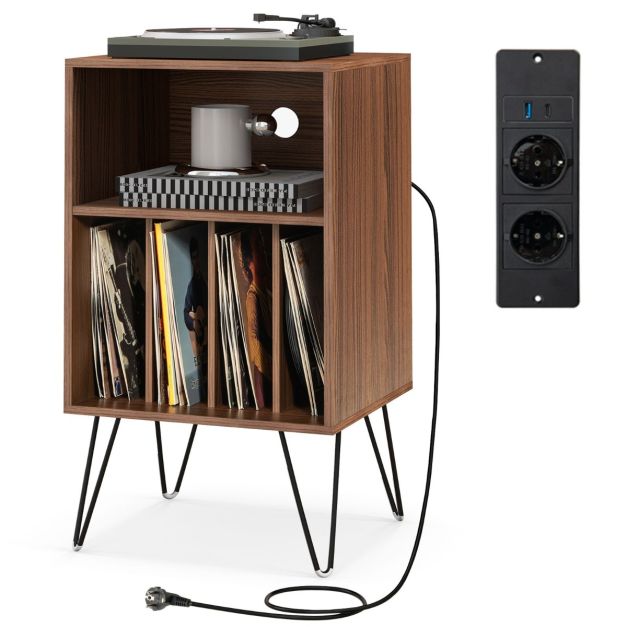 0033616140457 - Record Player Stand Nightstand - 3 Ebenen & Ladestation - 48 x 40 x 88 cm - Nussbaum