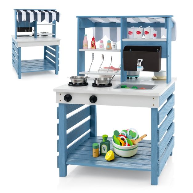 0033616162961 - 2-in-1 Holz-Matschküche und Essensstand für Kinder - Doppelseitige Spielküche mit Wasserschale Kochplatten und Zubehör - 58x56x87 cm