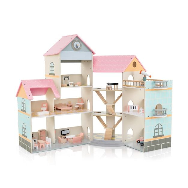 0033616178610 - Costway Puppenhaus - 3 Etagen & 42 Zubehörteile - 107 x 82 x 94 cm - Rosa