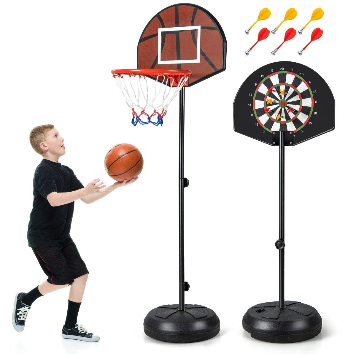 0033616235016 - Coast 2-in-1 verstellbarer Basketballstock mit Dartscheibe - Schwarz - Höhe 130-180 cm - Für Kinder ab 8 Jahren