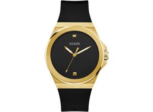 0091661544712 - Quarzuhr GUESS VINYL Armbanduhren schwarz (schwarz gelbgoldfarben) Herren Armbanduhr Herrenuhr Silikonarmband Mineralglas analog