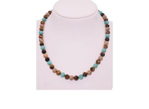 0096718219711 - Collier FIRETTI Schmuck Geschenk Halsschmuck Halskette Farbstein Edelstein Tigerauge Halsketten Gr Messing Länge 50 cm blau (messingfarben blau braun mehrfarbig) Damen Colliers Made in Germany - mit Amazonit Jade Tigerauge