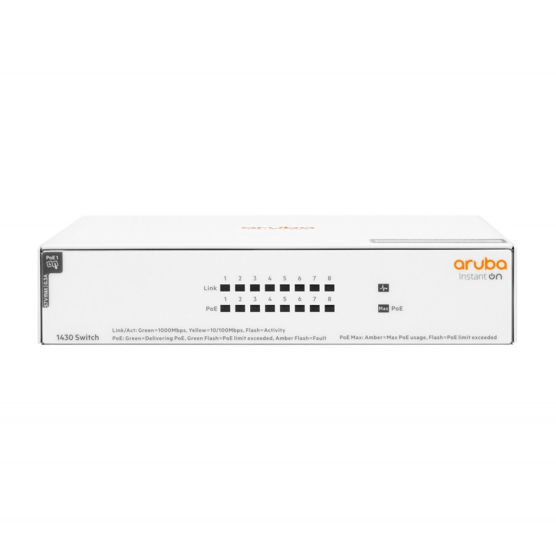 0190017601762 - HPE Aruba Instant On 1430 8G Class4 PoE 64W Switch - Switch - unmanaged - 8 x 10 100 1000 (PoE Class 4) - Desktop an Rack montierbar wandmontierbar - PoE (64 W)