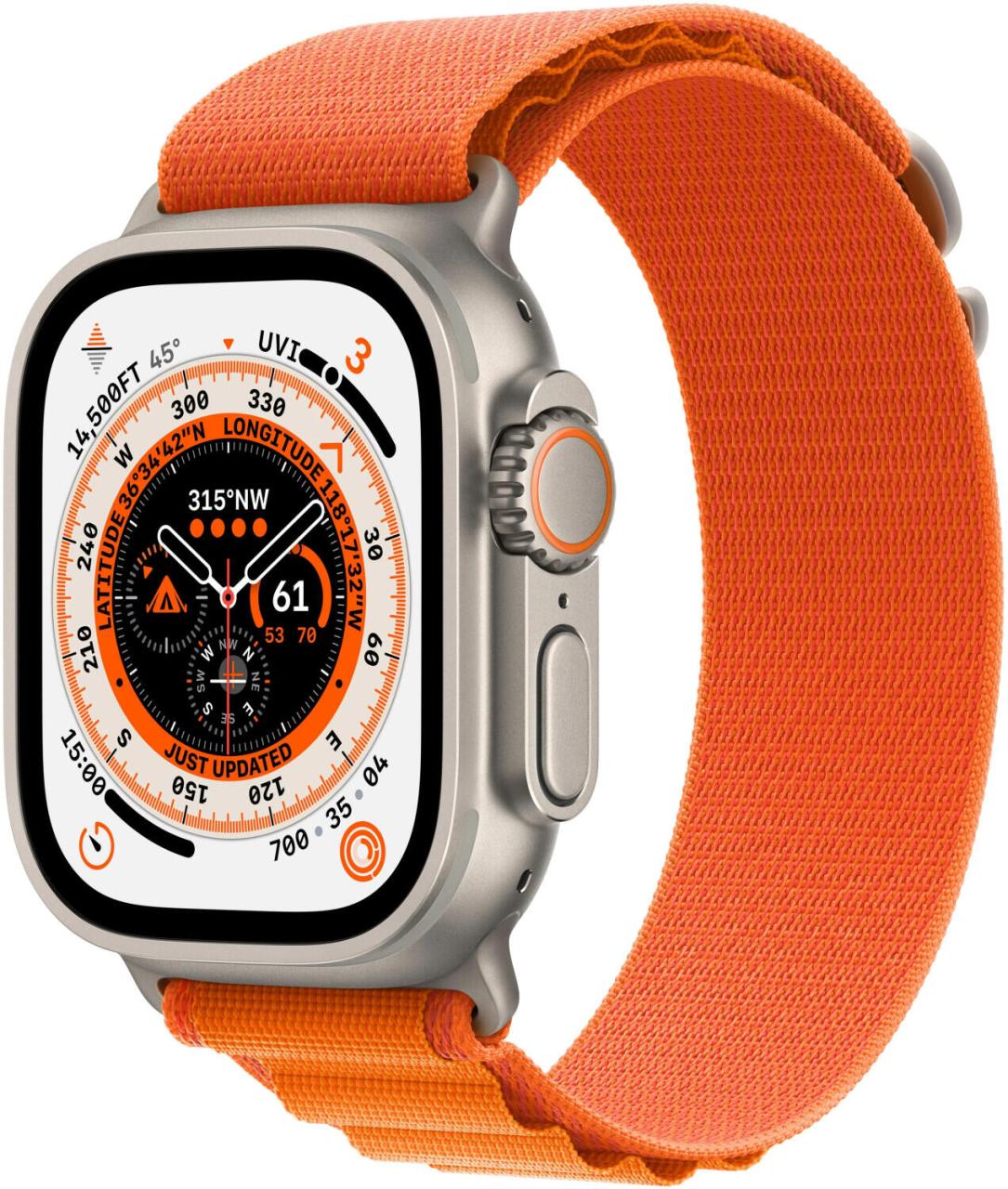 0194253144175 - APPLE Watch Ultra (GPS + Cellular) 49 mm Smartwatch Titan Gewebe 130-160 mm Armband Orange Gehäuse