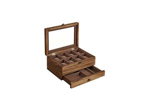 0194343108353 - Uhrenbox mit 8 Fächern 2-stöckiges Uhrengehäuse aus Holz mit großem Glasdeckel Kissen Samtfutter Schmuckschatulle Geschenk für geliebte