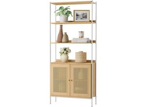 0194343152707 - Bücherregal 6 Ebenen Regal hoch Standregal Tür in Rattan-Optik Boho-Stil Metallrahmen - Eichenbeige-Perlweiß - Vasagle