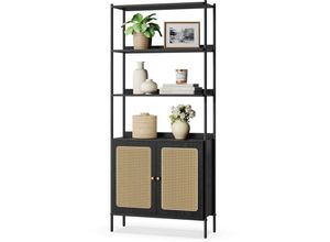 0194343152714 - VASAGLE Bücherregal 6 Ebenen Regal hoch Standregal Tür in Rattan-Optik Boho-Stil Metallrahmen - Ebenholzschwarz-Mattschwarz