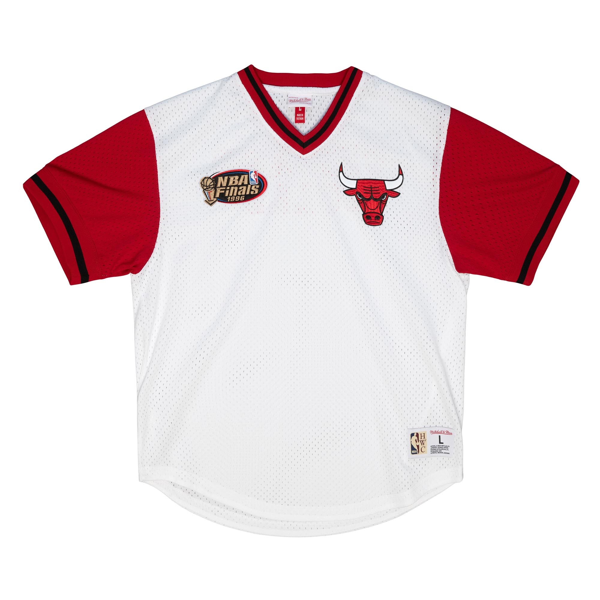 0195563514795 - Mitchell & Ness NBA Fashion Mesh V-Neck - Chicago Bulls T-Shirt Gr S Herren Weiß 0195563514795 - Mitchell & Ness NBA Fashion Mesh V-Neck - Chicago Bulls T-Shirt Gr S Herren Weiß