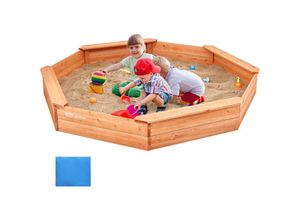 0197988220046 - Holzsandkasten mit Abdeckung achteckiger Sandkasten Sandgrube mit 4 Sitzplätzen & Bodenauskleidung Kindersandkasten für den Garten Geschenk für