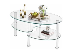 0617748408533 - Goplus - Couchtisch Glas Glastisch Oval Beistelltisch Sicherheitsglas Kaffeetisch 3-Etagen-Design Wohnzimmertisch Metallrahmen 89 x 51 x 455 cm