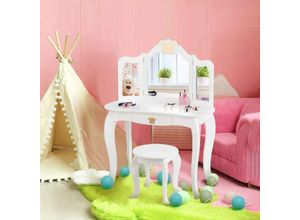 0617748443947 - Costway - Coiffeuse pour Enfants avec Miroir à Trois Volets Ensemble de Coiffeuse 2-en-1 avec Dessus Amovible Tabouret Inclus Jeu de Simulation de