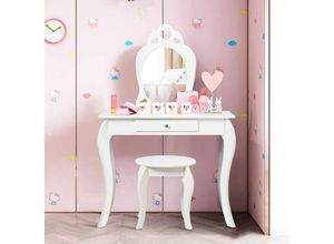 0617748443961 - Coiffeuse pour Enfant avec Miroir Inclus de Table de Maquillage et deTabouret Dessus Amovible Contemporain 70 x 34 x 105 cm (Blanc)