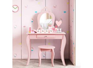 0617748443978 - Kinder Schminktisch Make-up Tisch mit Hocker und abnehmbarem Spiegel Frisierkommode Holz Maedchen Frisiertisch mit Schublade 70x34x105cm - Costway