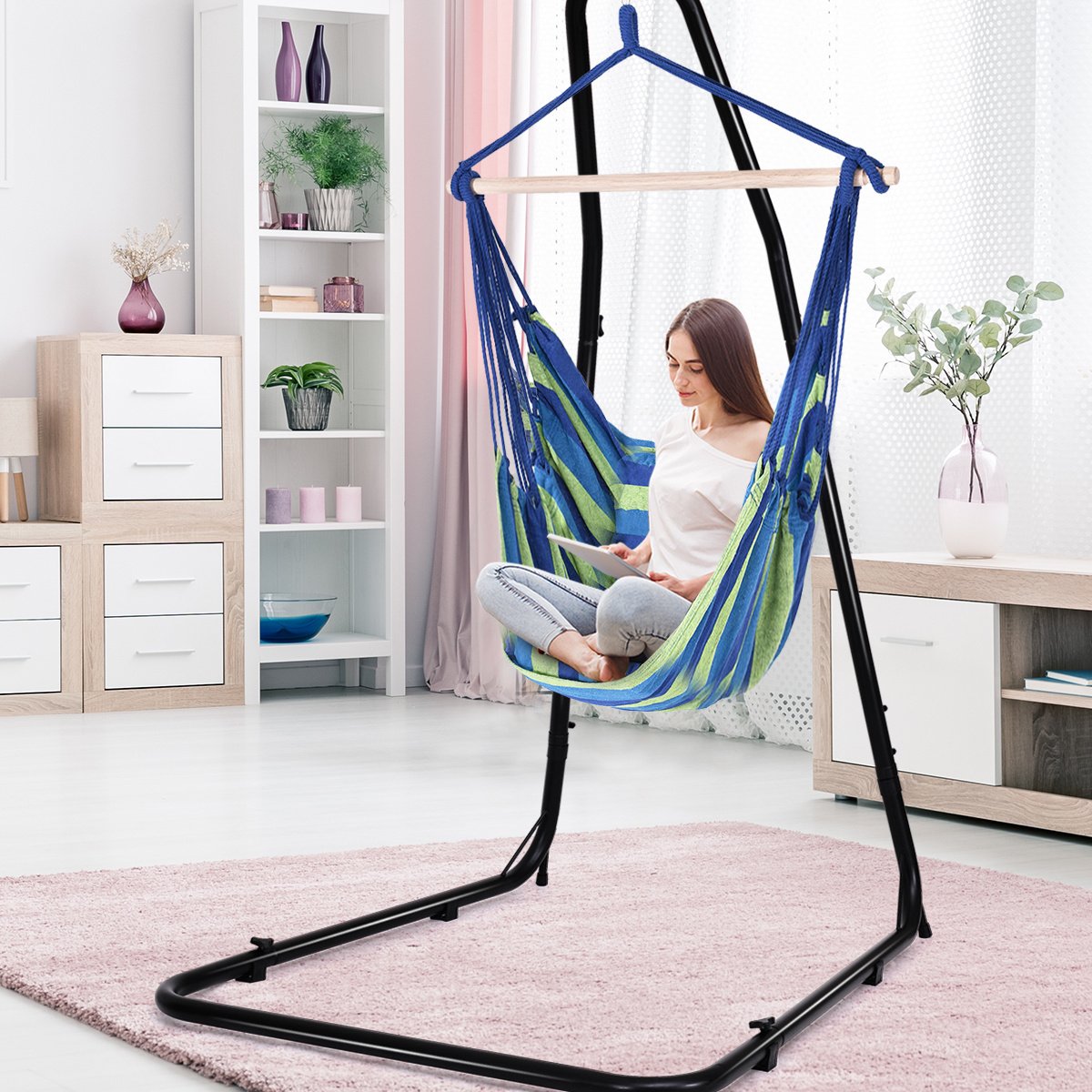 0617748465864 - Hängesessel - Ø50 cm Hängeschaukel - Scharniergestell mit 2 Kissen - bis 120 kg - blau und grün 0617748465864 - Hängesessel - Ø50 cm Hängeschaukel - Scharniergestell mit 2 Kissen - bis 120 kg - blau und grün