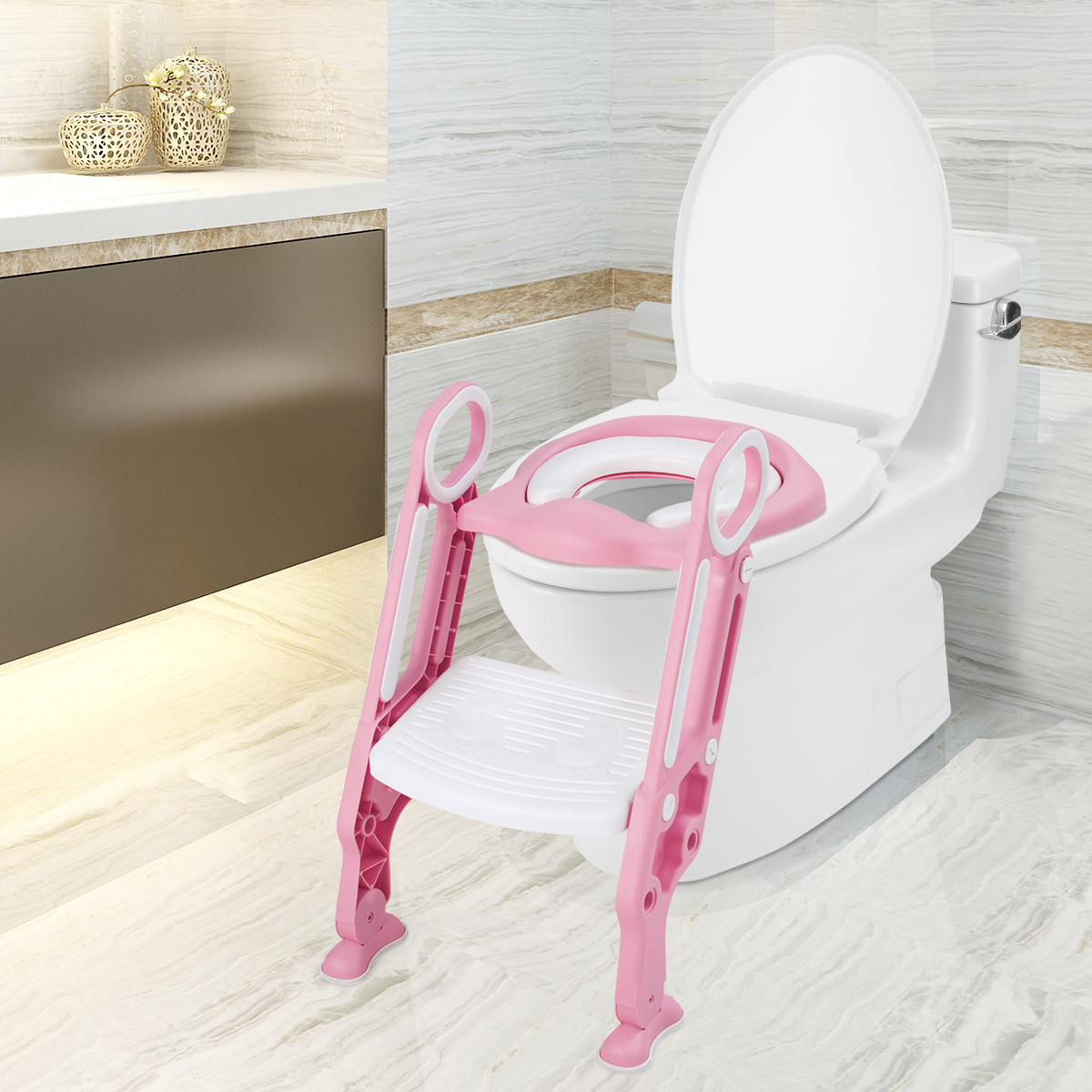 0617748470332 - Kinder Toilettensitz hoehenverstellbar Kindertoilette faltbar Toilettentrainer mit Leiter und Griffe Toepfchentrainer zum Toilettentraining für