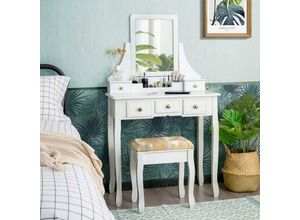 0617748471957 - Coiffeuse Table de Maquillage avec 5 Tiroirs 1 Miroir Carré Pivotant à 360° et 1 TabouretPieds Stableen Bois Blanche