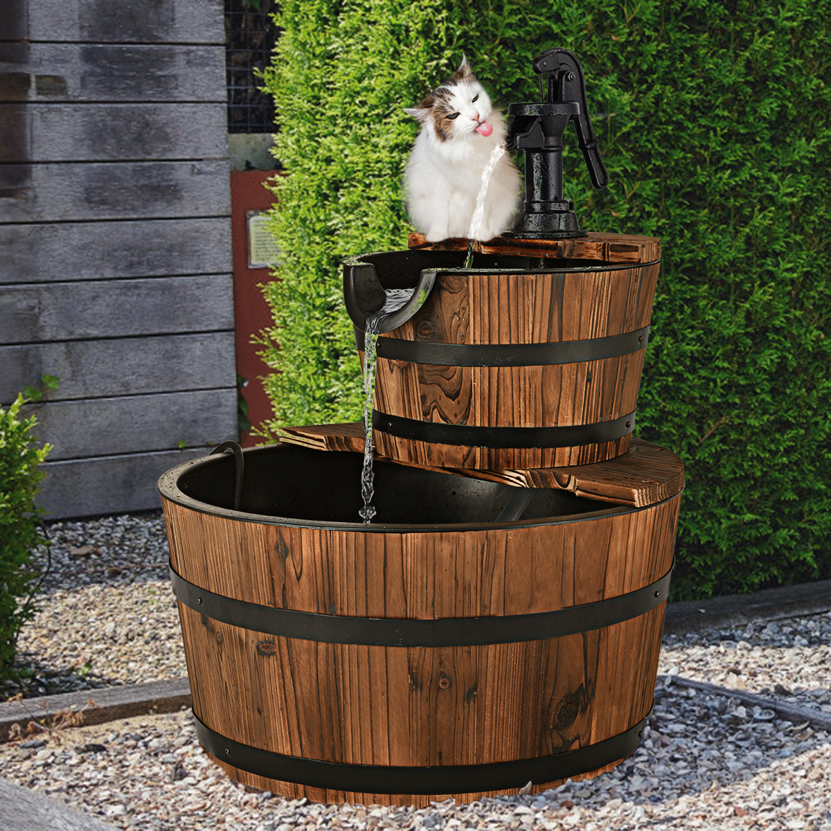 0617748481352 - Brunnen Holz mit Wasserpumpe Φ445cm Gartenbrunnen Holzbrunnen Holzfass - Costway