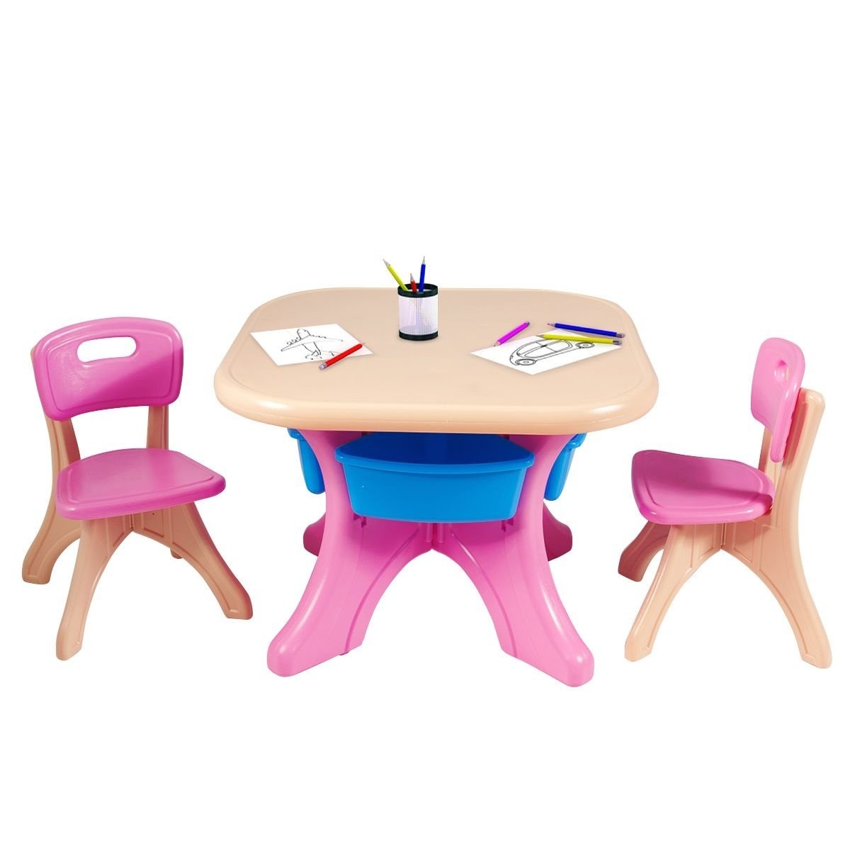 0617748481598 - Costway 3tlg Sitz für Hochstuhl Gruppe Kindertisch und 2 Hochstühle Aufbewahrungsboxen rosa