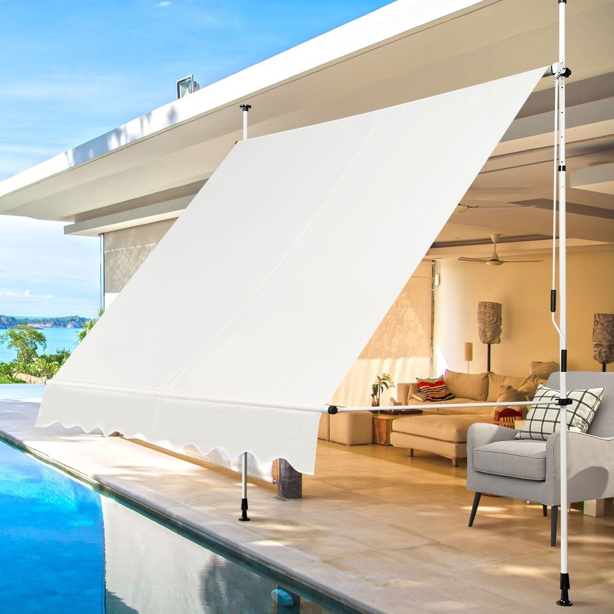 0617748483196 - Ausziehbares Vordach Sonnenvordach mit manueller Kurbel-Höhenverstellung 250 x 120 cm beige