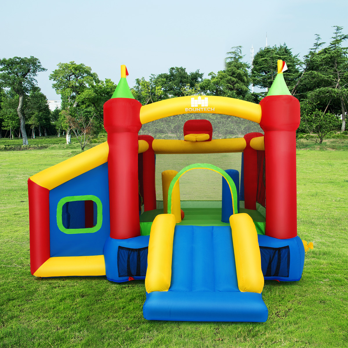 0617748483394 - Costway Hüpfburg aufblasbare Kinder Springburg Spielburg mit Rutsche farbig 380 x 305 x 215 cm