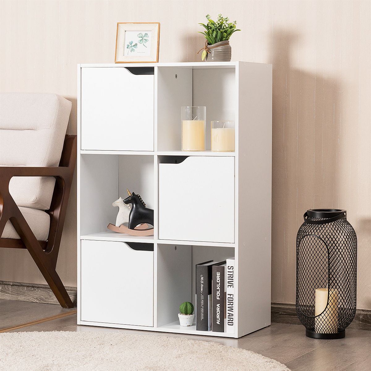 0617748484889 - Bücherregal mit 6 Faecher 3 Türen Standregal 60 x 29 x 90 cm weiss Büroregal freistehend Aktenregal Ordnerregal Aufbewahrungsregal - Costway