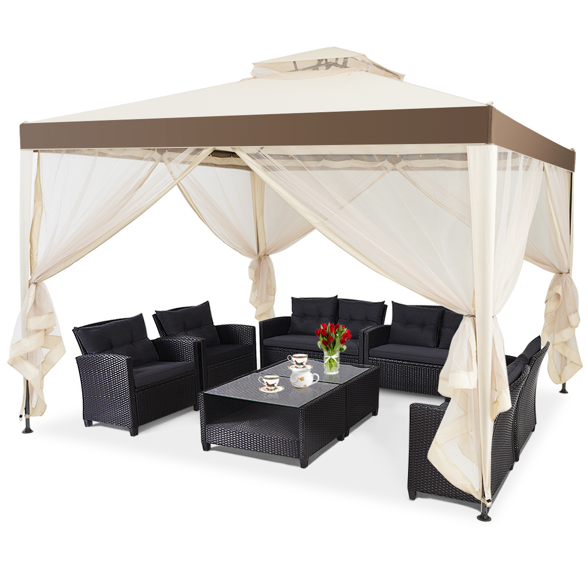 0617748485374 - Costway Garten Pavillon Gartenzelt Camping Partyzelt mit 4 Seitenwänden 300x300x265cm beige