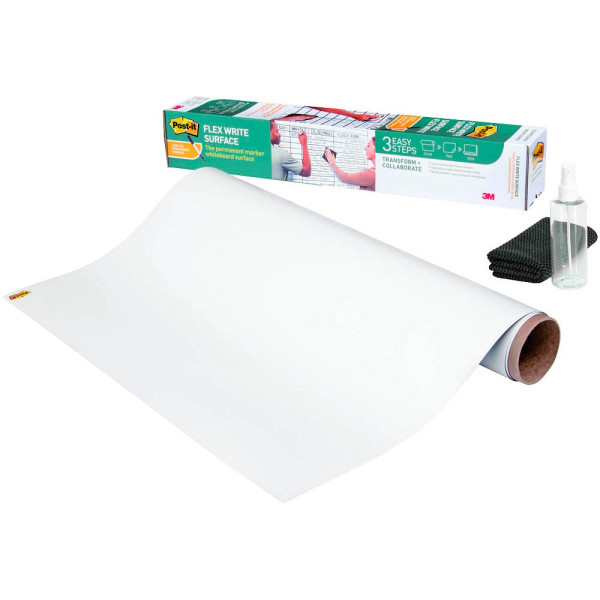 0638060276594 - Whiteboardfolie Post-it® Flex Write Surface selbstklebend beschreibbar Mikrofasertuch & Sprühflasche 1 Blatt auf Rolle B 1220 x H 2240 mm weiß