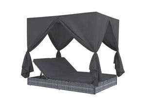 0640813486136 - DOTMALL Partyzelt Outdoor-Lounge-Bett mit Vorhängen Poly Rattan Graumit 4 Seite