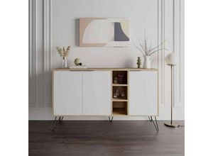 0645656392545 - Toscohome - Sideboard 142 cm mit 3 Türen weiß und Eiche Struktur - Clara