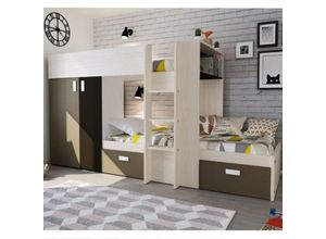 0645656401148 - Siesta Etagenbett für zwei Kinder mit Kleiderschrank und Schubladen Farbe weiß vintage beige und braun