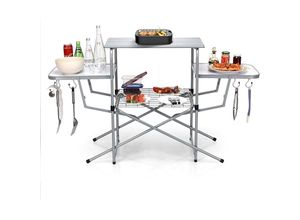 0661706079051 - Goplus - Campingtisch Klappbare Campingküche Falttisch mit 3 Platten & 1 Regal & 4 Haken inklTragetasche aus Metall & Holz Stabil rutschfest