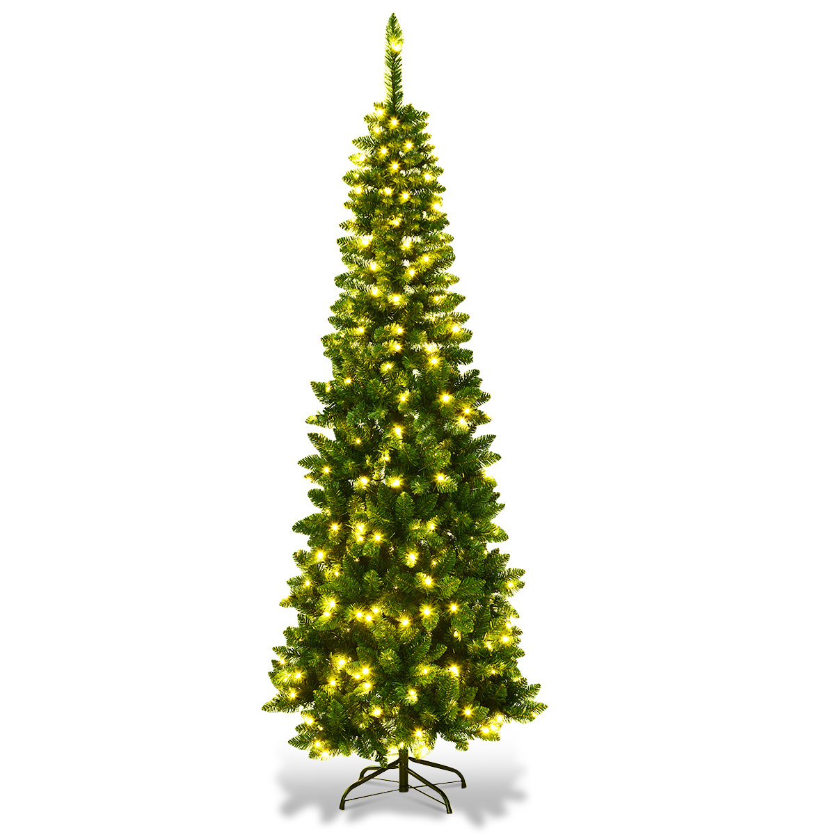 0661706101530 - Costway - 225cm Bleistift Weihnachtsbaum mit warmweissen LED-Leuchten künstlicher Tannenbaum mit Klappsystem und Metallstaender Christbaum pvc