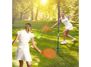 0661706102551 - 3-stufig hoehenverstellbares Tetherball Set Twistball Set inkl Ball｜2 Schlaegern｜120cm Schnur Tennisball an Schnur Tennis Spiel für Solo