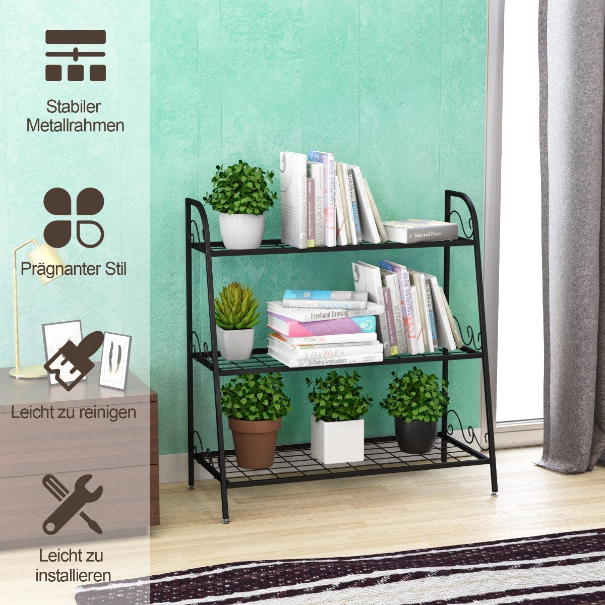 0661706103527 - Plant Shelf 3-stöckiger Metall-Pflanzenständer 81 x 35 x 82 cm schwarz