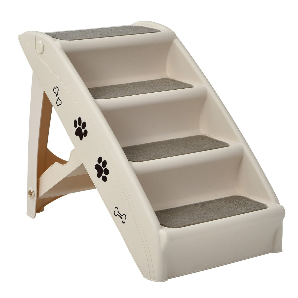 0661706105552 - Rutschfeste Hundetreppe klappbar mit Halterung 4-stufen Haustiertreppe Katzentreppe mit Teppichboden 625 x 39 x 49cm Beige - Costway