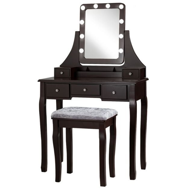 0661706151191 - Schminktisch-Set mit rechteckigem Spiegel und gepolstertem Hocker Schminktisch mit 10 dimmbaren LED-Glühbirnen Schminktisch aus Holz mit 5 Schubladen 0661706151191 - Schminktisch-Set mit rechteckigem Spiegel und gepolstertem Hocker Schminktisch mit 10 dimmbaren LED-Glühbirnen Schminktisch aus Holz mit 5 Schubladen