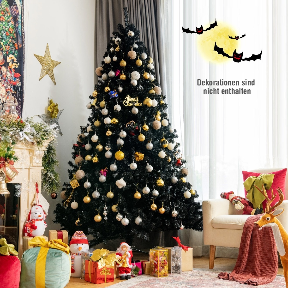 0661706151856 - Costway 225 cm schwarzer künstlicher Weihnachtsbaum mit 1749 PVC-Zweigen und Metallständer Tannen