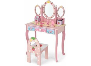 0661706151993 - Kinder Schminktisch Set Frisiertisch mit Klappbarem Spiegel Schminkhocker und 3 Schubladen Make-up Schminktisch Frisierkommode für Kinder Pink