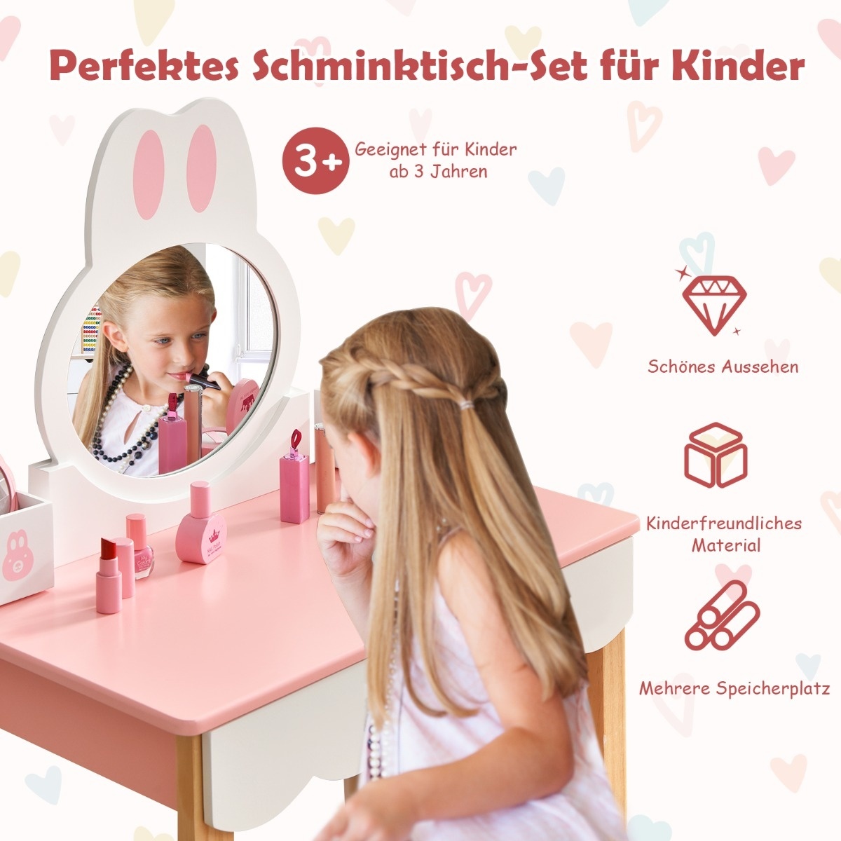 0661706152006 - Kinder Schminktisch mit Hocker Prinzessin Schminkkommode Frisiertisch mit Spiegel Schubladen & Aufbewahrungsbox Make-up Schminktisch Frisierkommode