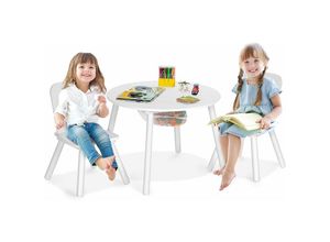 0661706152846 - 3-tlg Kindersitzgruppe mit StauraumKindertisch rund mit 2 Stühle aus Holz Kindermoebel-Set Weiss - Costway